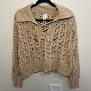 Joie Tan Cotton Knit Lace-Up Sweater Classic Boho